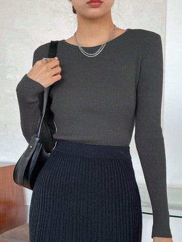 DAZY Kpop Solid Ribbed Knit Sweater Shein