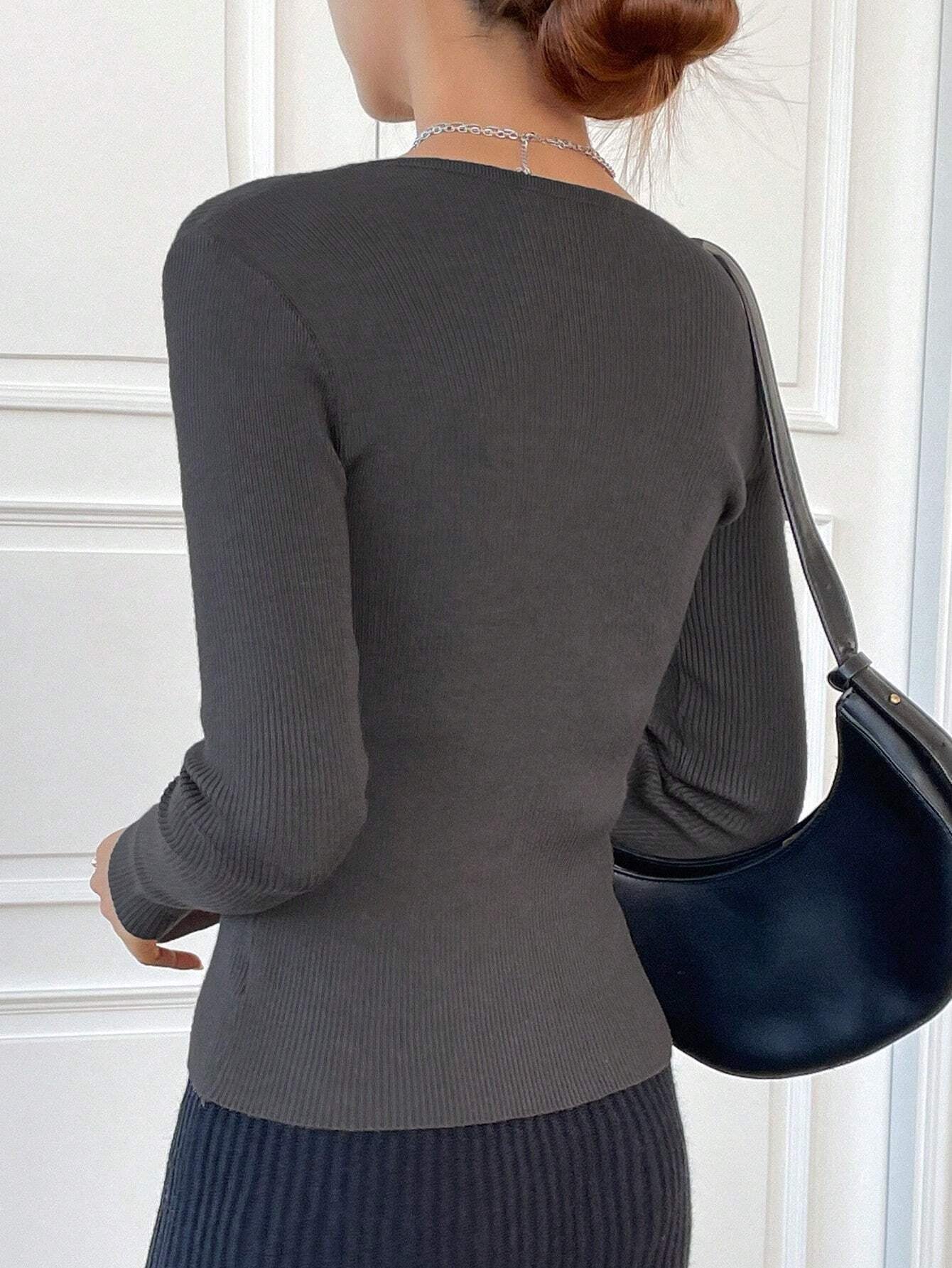 DAZY Kpop Solid Ribbed Knit Sweater Shein