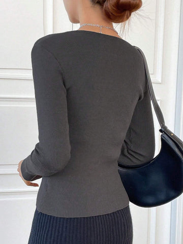 DAZY Kpop Solid Ribbed Knit Sweater Shein