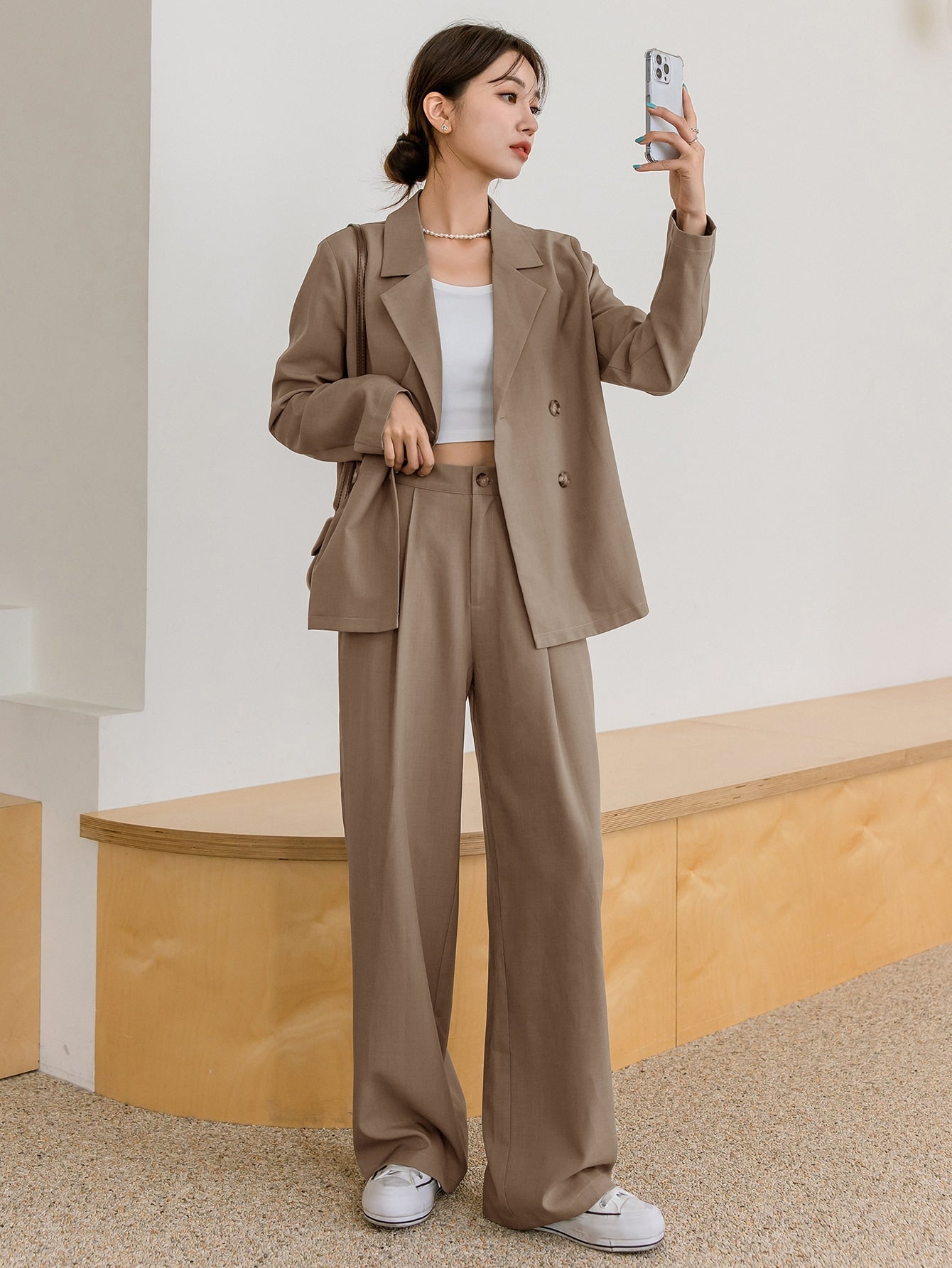 DAZY Lapel Neck Blazer & Fold Pleated Tailored Pants Shein