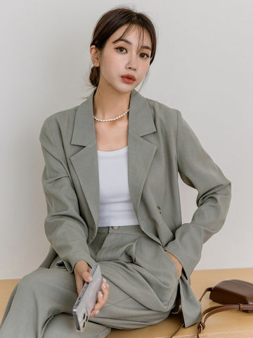 DAZY Lapel Neck Blazer & Fold Pleated Tailored Pants Shein