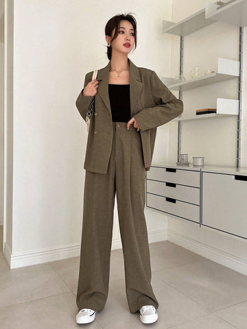 DAZY Lapel Neck Blazer & Fold Pleated Tailored Pants Shein