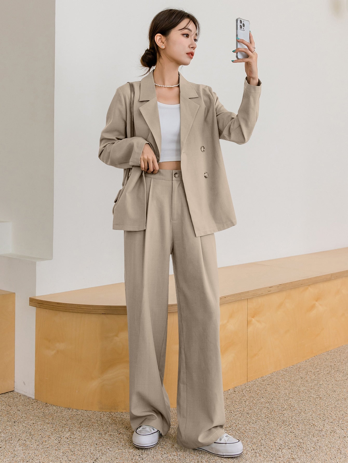 DAZY Lapel Neck Blazer & Fold Pleated Tailored Pants Shein