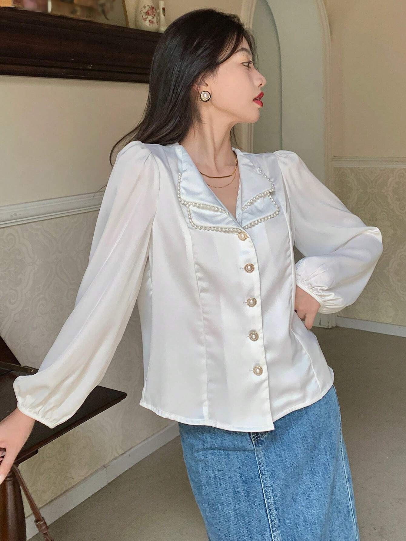 DAZY Pearls Beaded Lantern Sleeve Button Front Satin Blouse Shein