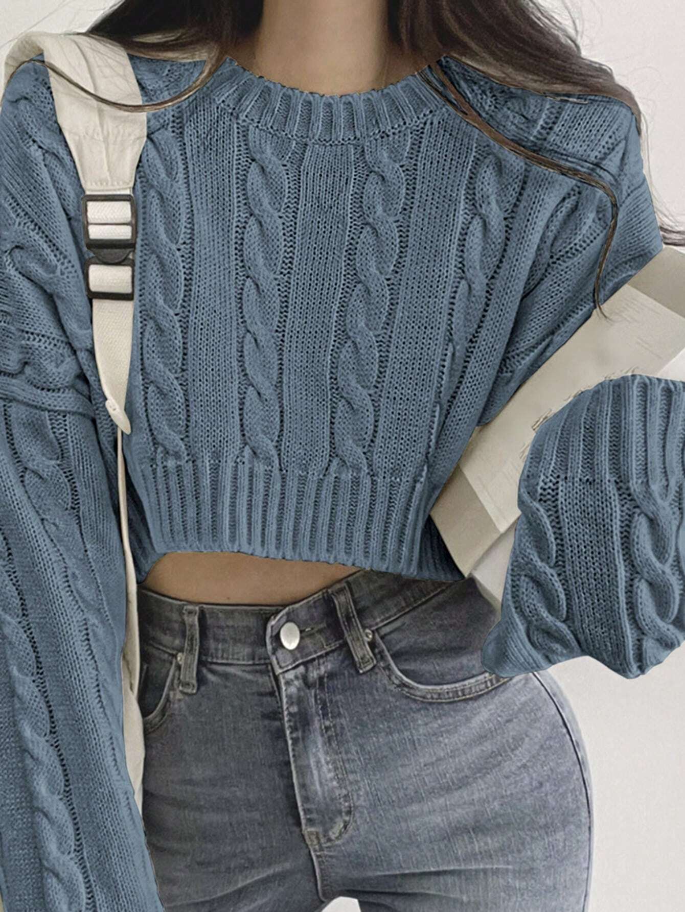 DAZY Solid Drop Shoulder Cable Knit Crop Sweater Shein