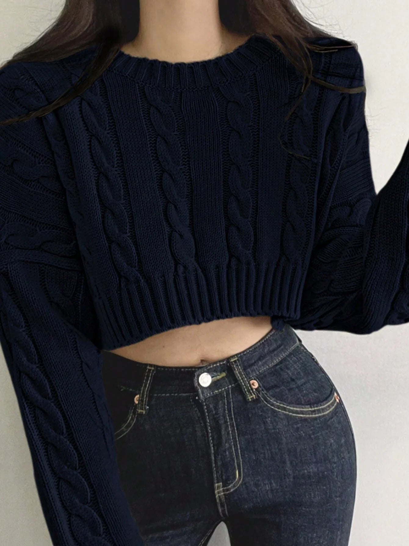 DAZY Solid Drop Shoulder Cable Knit Crop Sweater Shein