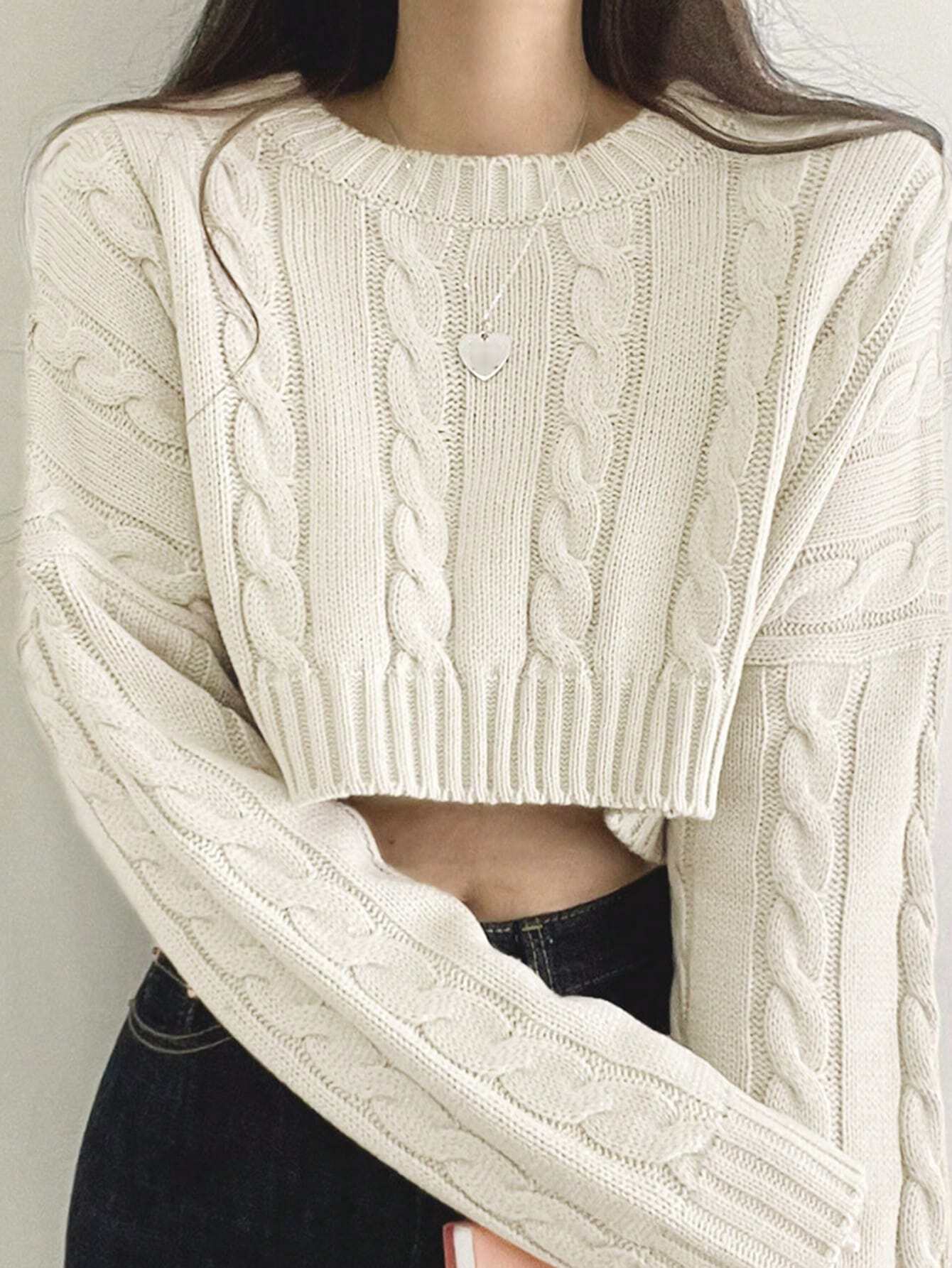 DAZY Solid Drop Shoulder Cable Knit Crop Sweater Shein