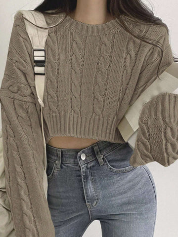 DAZY Solid Drop Shoulder Cable Knit Crop Sweater Shein