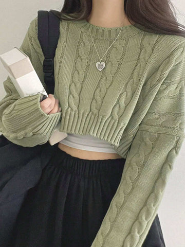 DAZY Solid Drop Shoulder Cable Knit Crop Sweater Shein