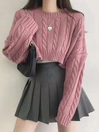 DAZY Solid Drop Shoulder Cable Knit Crop Sweater Shein