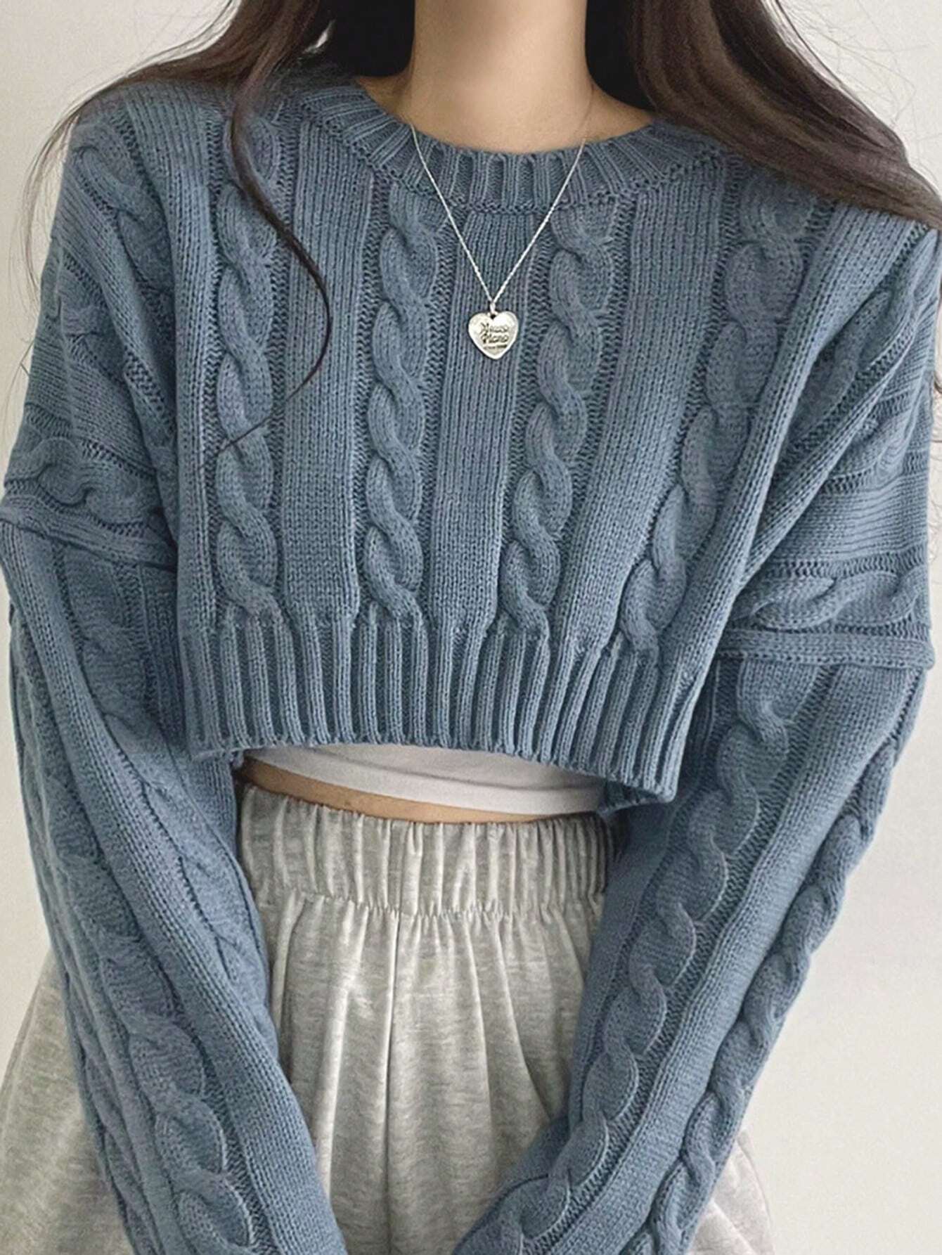 DAZY Solid Drop Shoulder Cable Knit Crop Sweater Shein