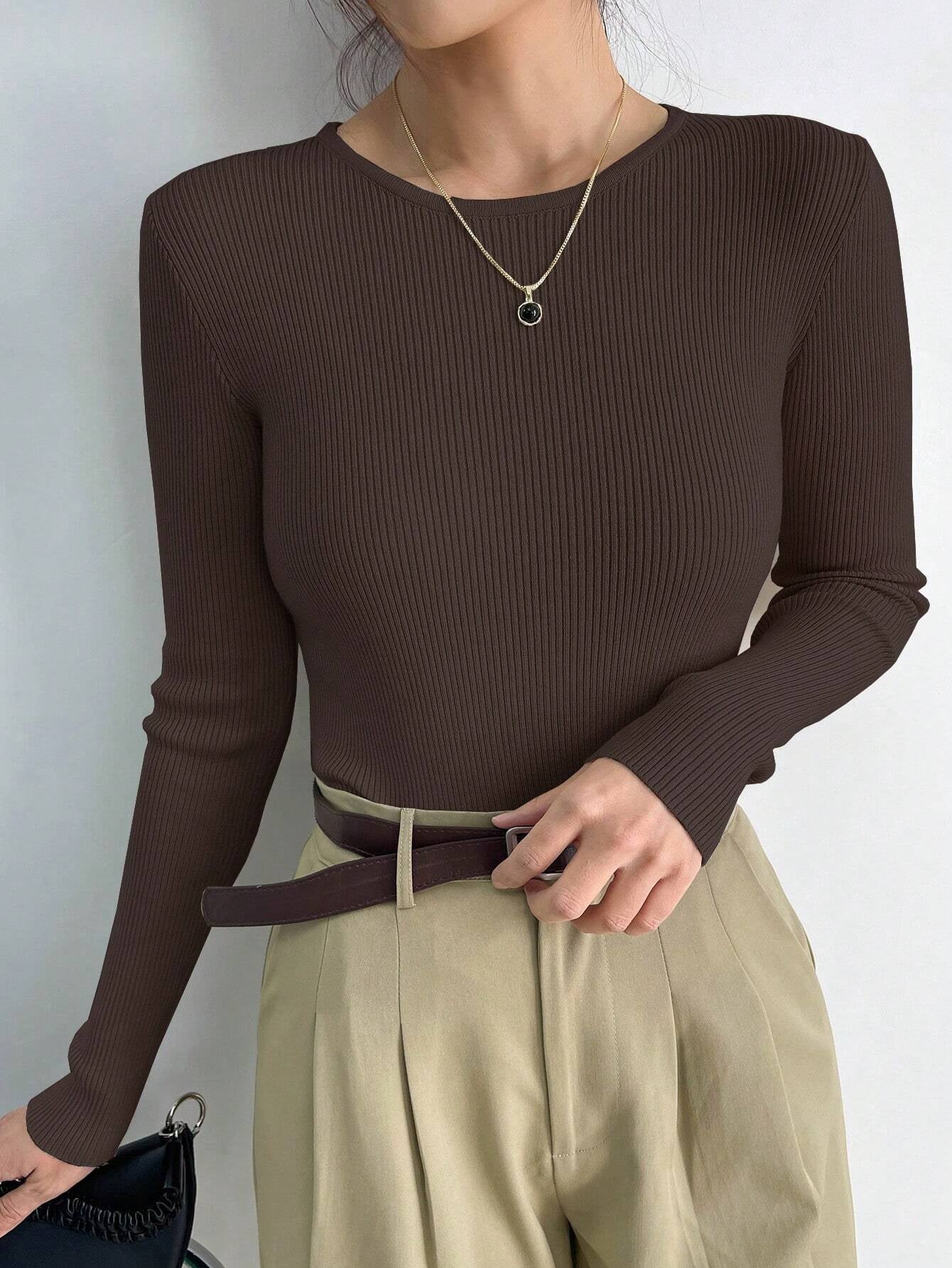 DAZY Solid Ribbed Knit Sweater Shein