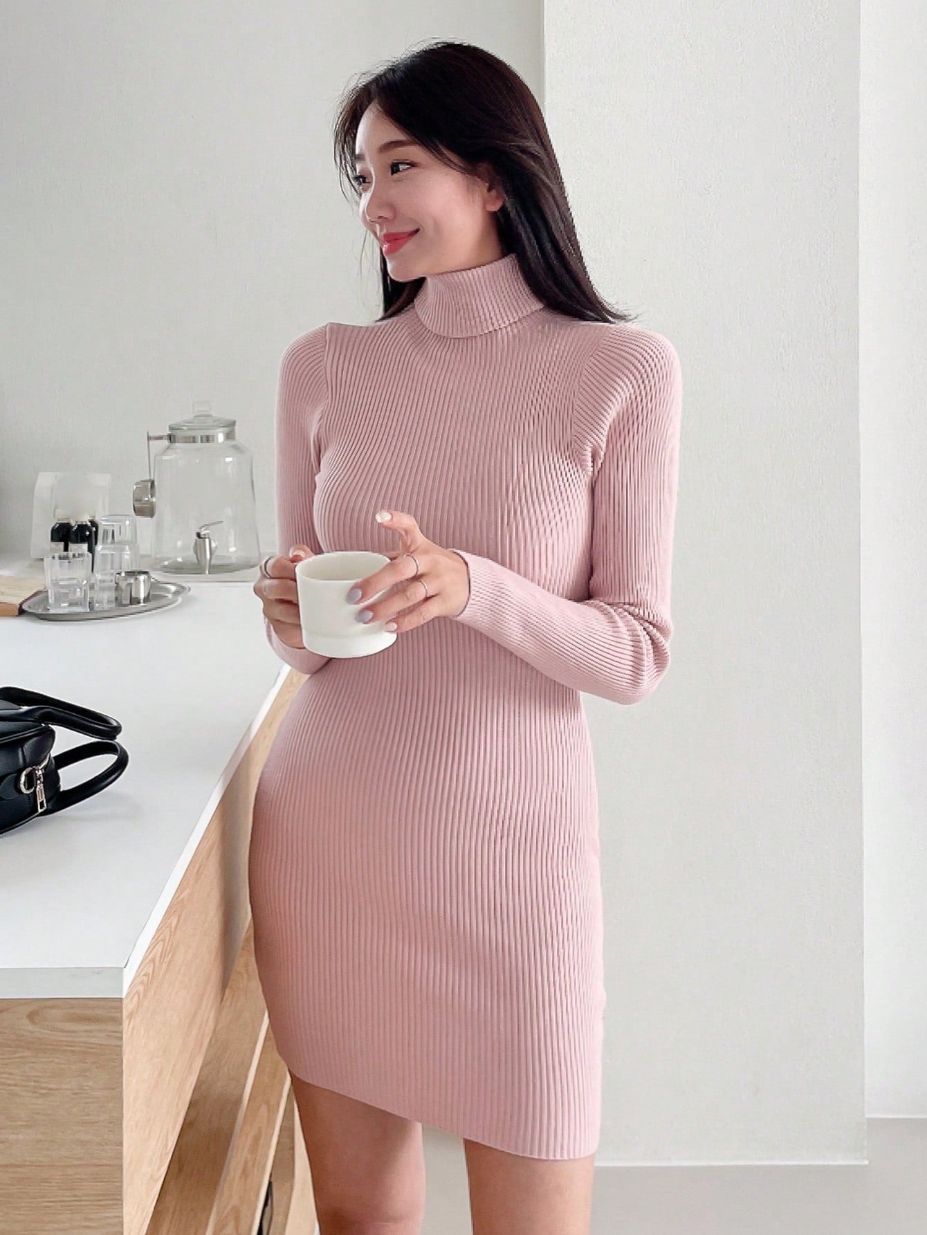 DAZY Turtleneck Ribbed Knit Bodycon Sweater Dress Shein