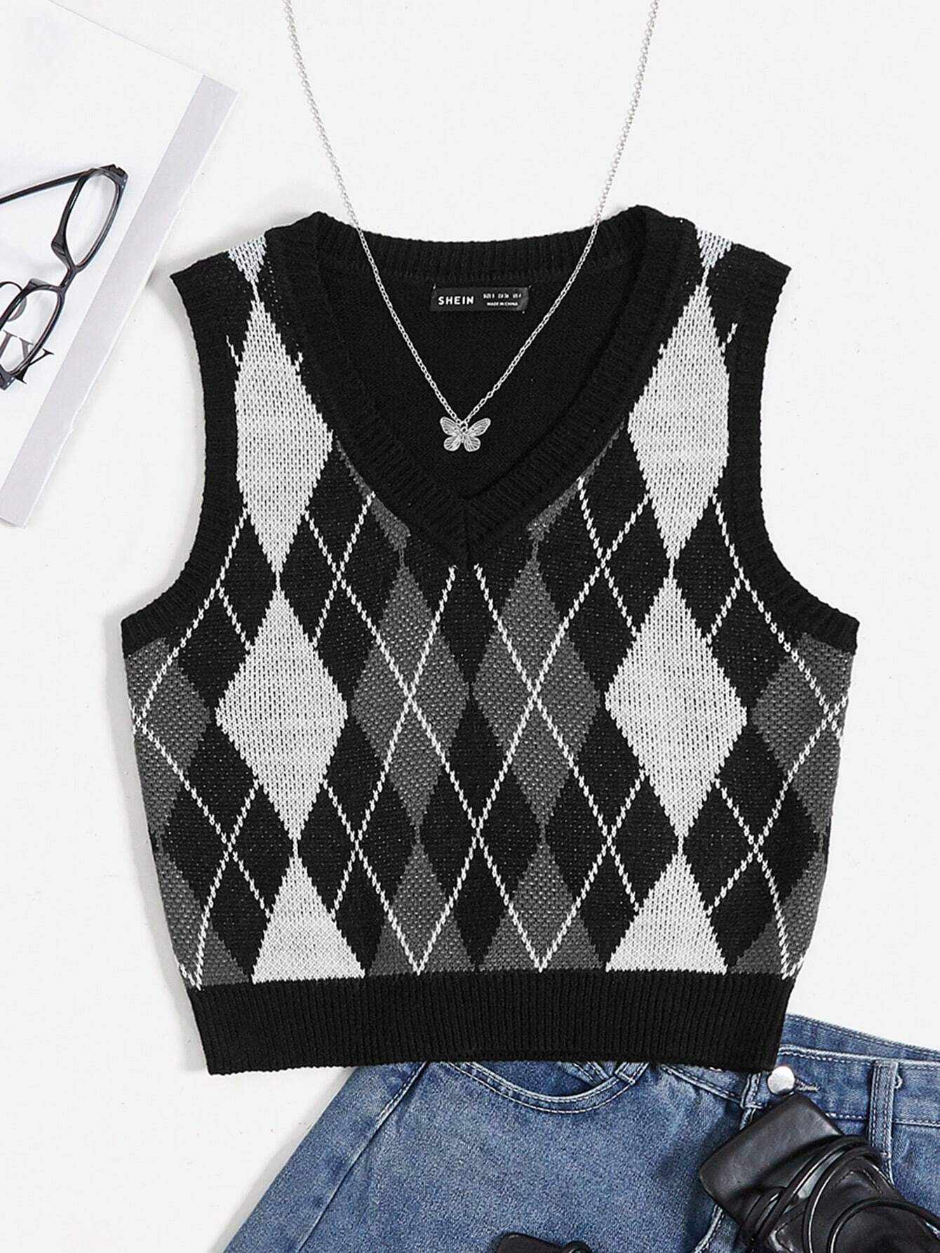 EZwear Argyle Pattern Sweater Vest Without Tee Shein