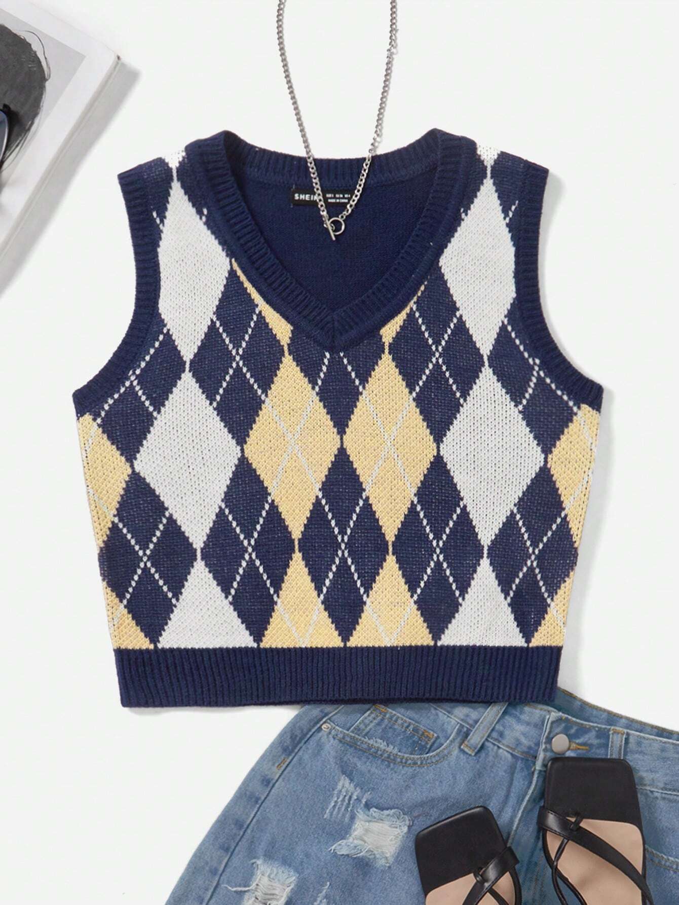 EZwear Argyle Pattern Sweater Vest Without Tee Shein