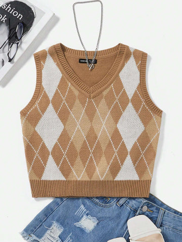 EZwear Argyle Pattern Sweater Vest Without Tee Shein