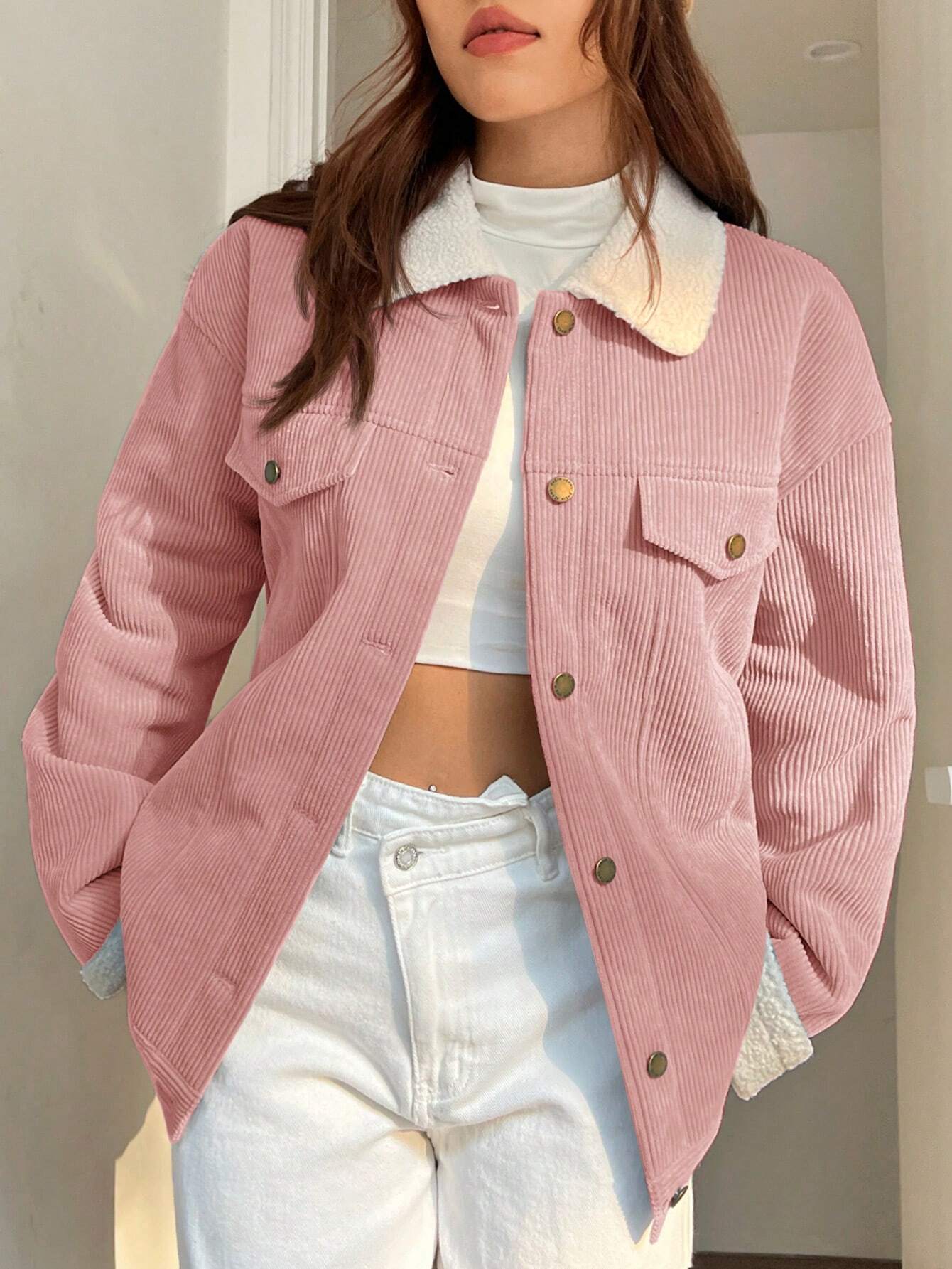 EZwear Borg Collar Drop Shoulder Teddy Lined Corduroy Jacket Shein