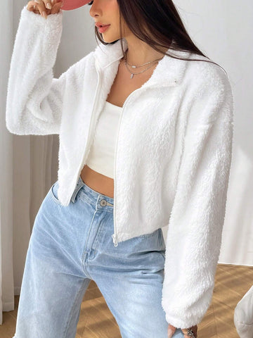 EZwear Drop Shoulder Zip Up Drop Shoulder Teddy Jacket Shein