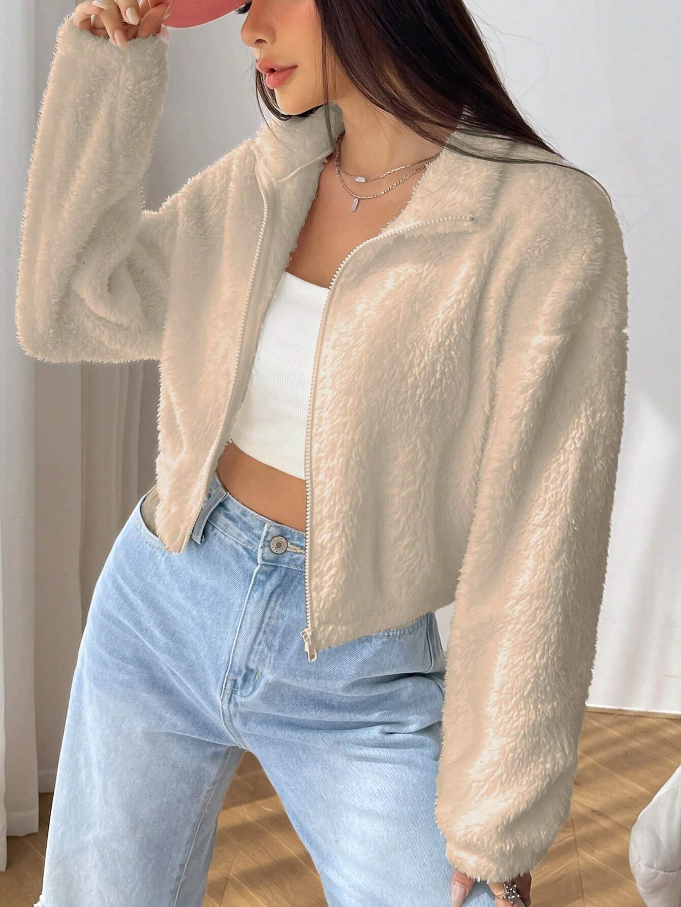 EZwear Drop Shoulder Zip Up Drop Shoulder Teddy Jacket Shein