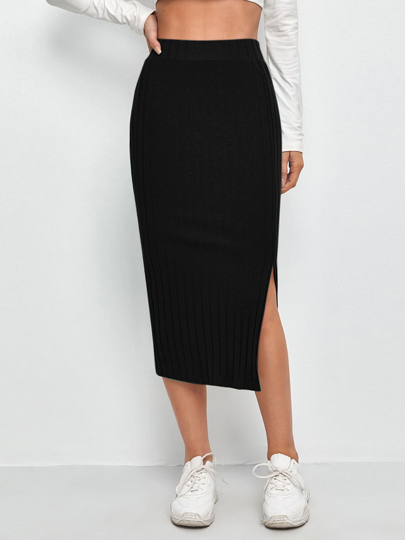 EZwear Slit Hem Rib-knit Pencil Skirt Shein