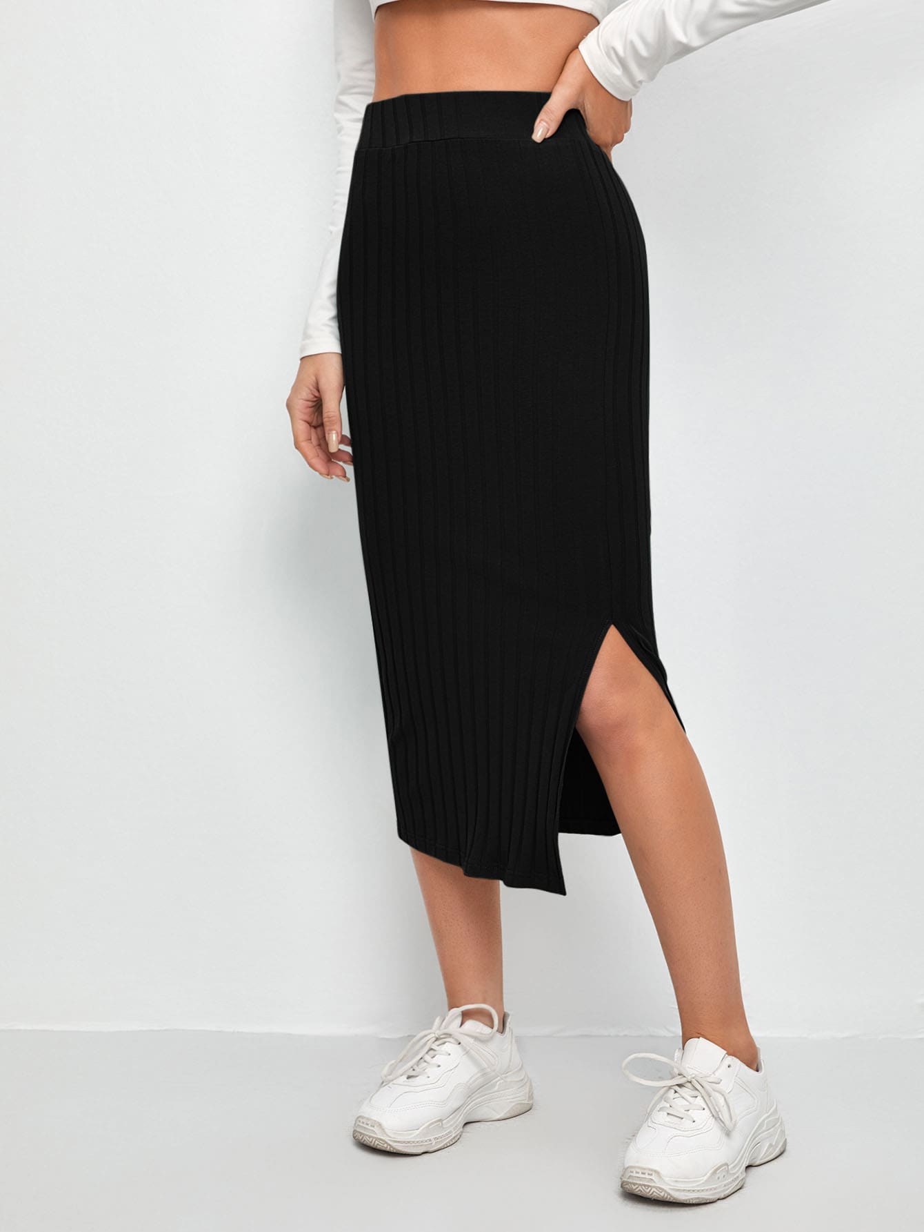 EZwear Slit Hem Rib-knit Pencil Skirt Shein