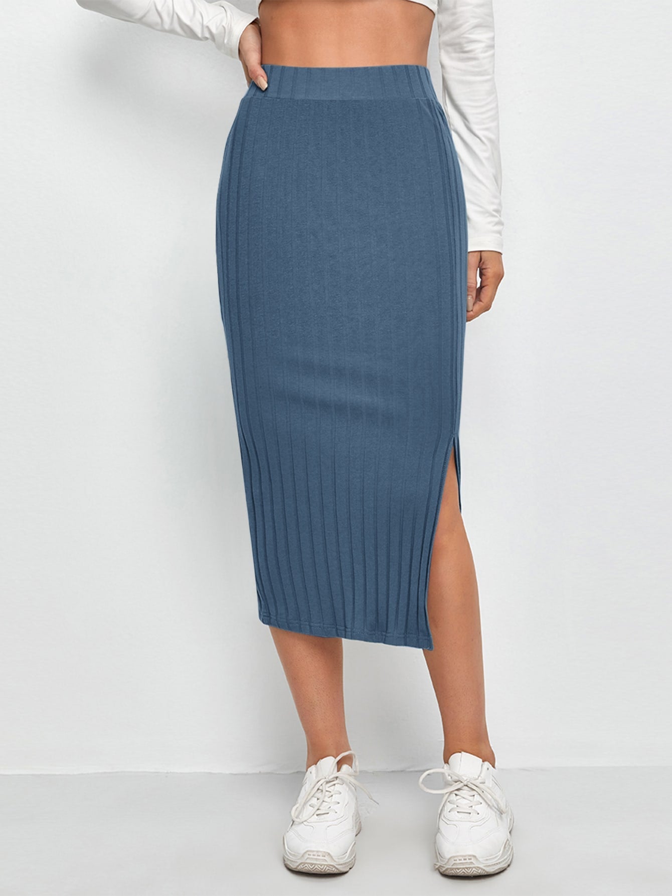 EZwear Slit Hem Rib-knit Pencil Skirt Shein