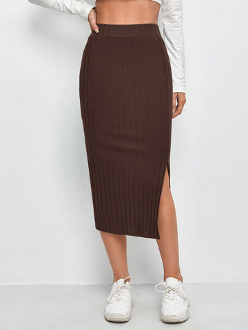 EZwear Slit Hem Rib-knit Pencil Skirt Shein