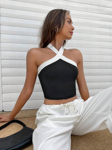 EZwear Two Tone Crop Halter Top Shein