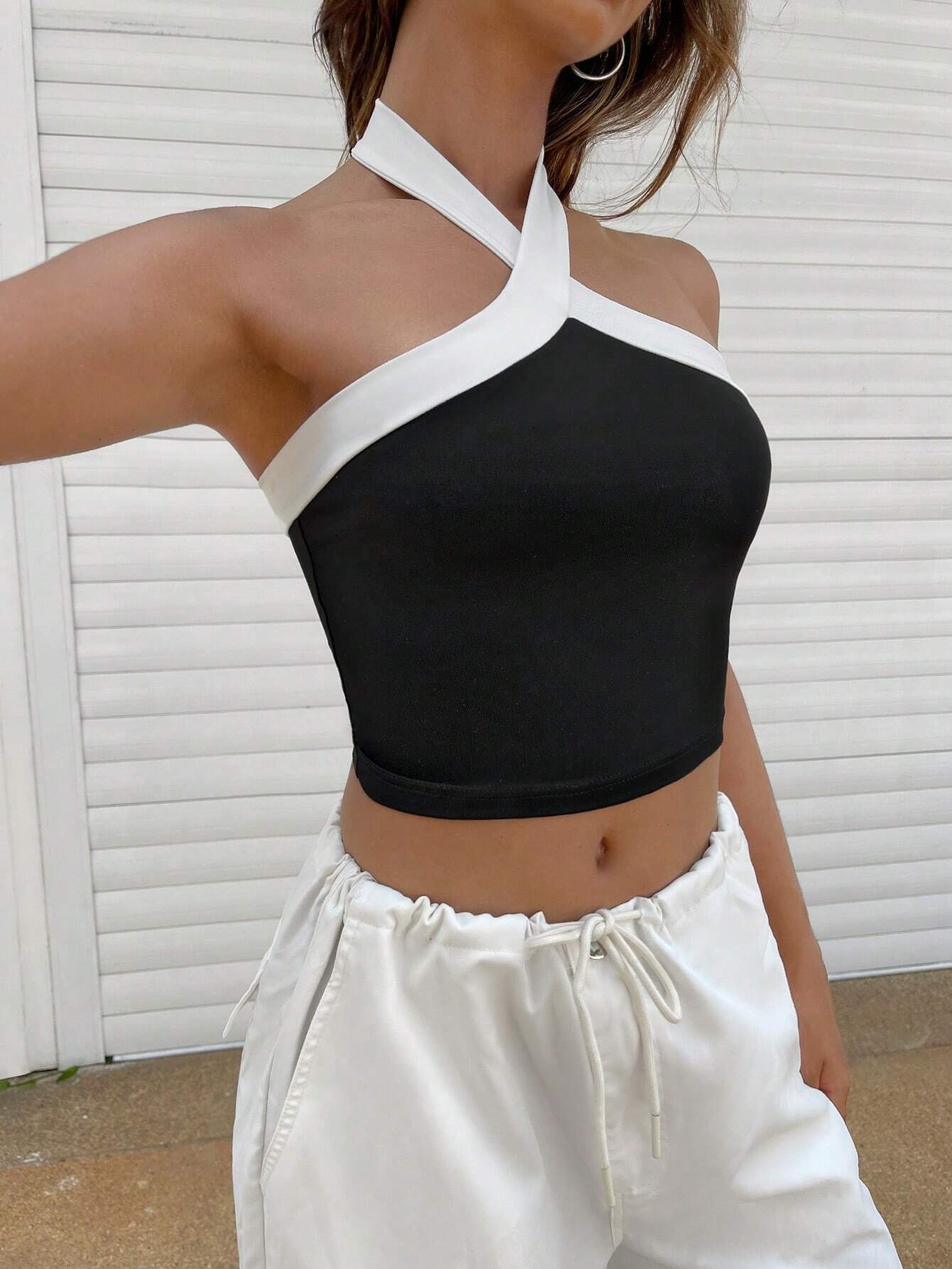 EZwear Two Tone Crop Halter Top Shein