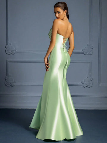 Elegant Slim Fit Satin Green Long Dress With Spaghetti Straps Shein