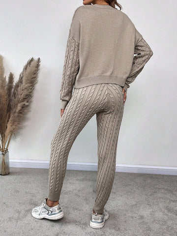 Essnce Cable Knit Top & Knit Pants & Cardigan Shein