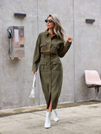 Essnce Ladies' Solid Color Button Up Shirt And Split Hem Skirt Set Shein