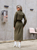 Essnce Ladies' Solid Color Button Up Shirt And Split Hem Skirt Set Shein