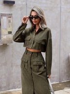 Essnce Ladies' Solid Color Button Up Shirt And Split Hem Skirt Set Shein