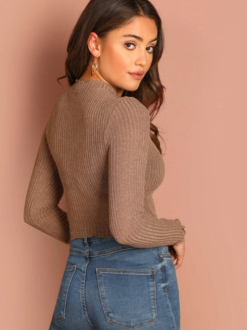 Essnce Ribbed Semi-Sheer Crop Top Shein