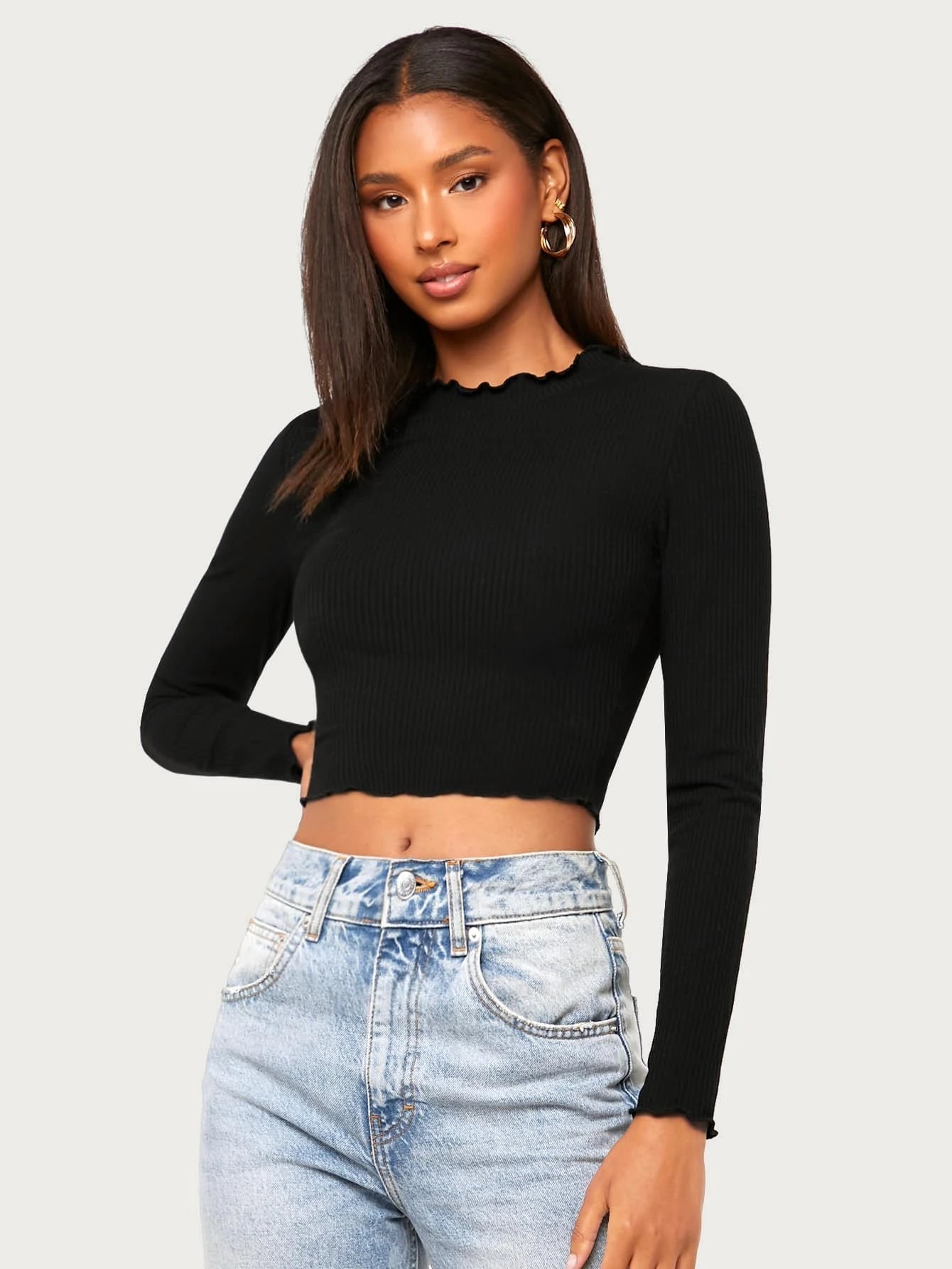 Essnce Ribbed Semi-Sheer Crop Top Shein