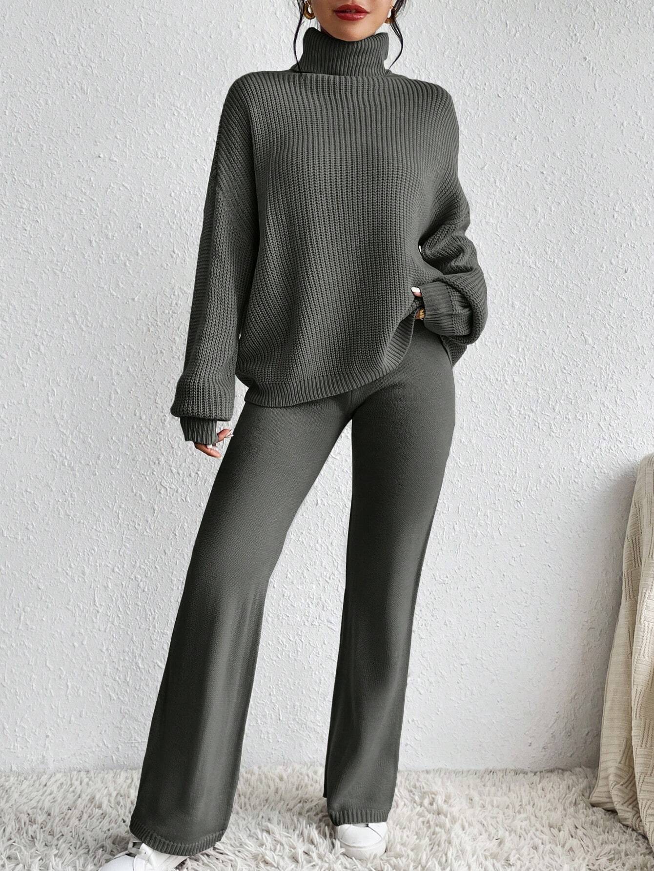 Essnce Turtleneck Drop Shoulder Sweater & Knit Pants Shein