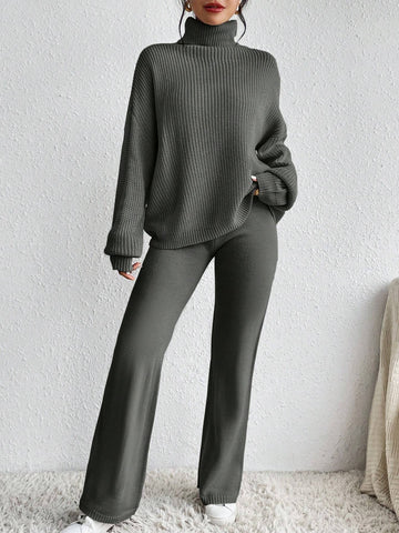 Essnce Turtleneck Drop Shoulder Sweater & Knit Pants Shein