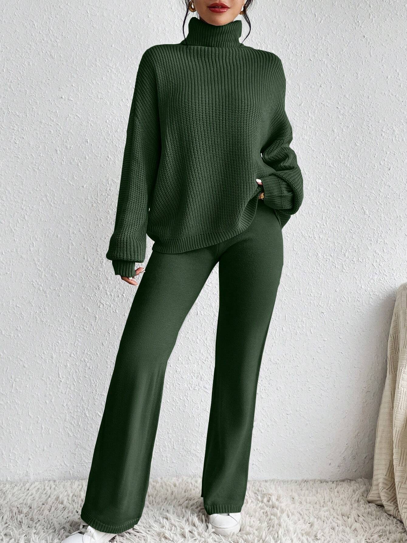 Essnce Turtleneck Drop Shoulder Sweater & Knit Pants Shein