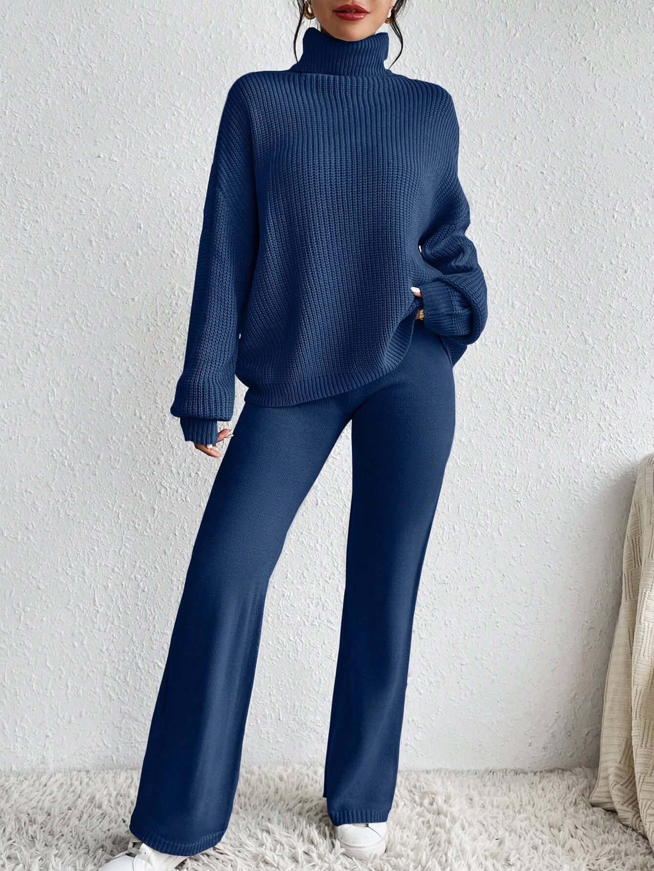 Essnce Turtleneck Drop Shoulder Sweater & Knit Pants Shein