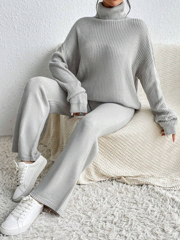 Essnce Turtleneck Drop Shoulder Sweater & Knit Pants Shein