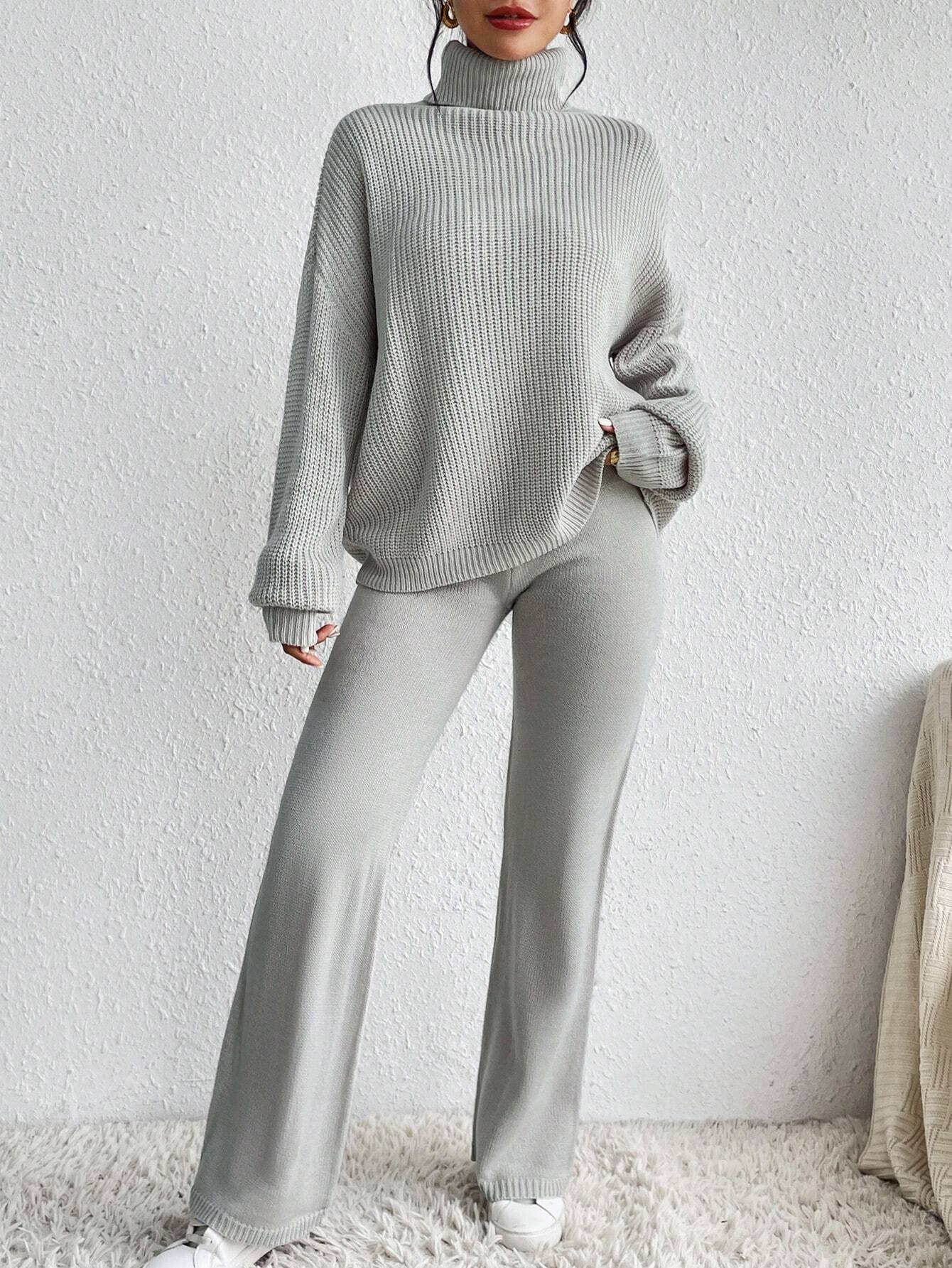 Essnce Turtleneck Drop Shoulder Sweater & Knit Pants Shein