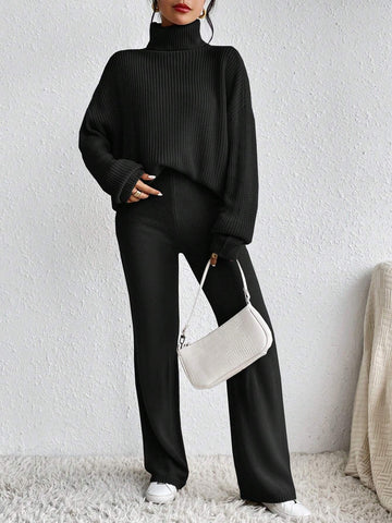 Essnce Turtleneck Drop Shoulder Sweater & Knit Pants Shein