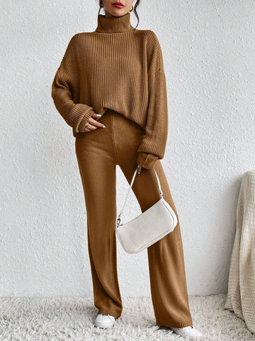 Essnce Turtleneck Drop Shoulder Sweater & Knit Pants Shein