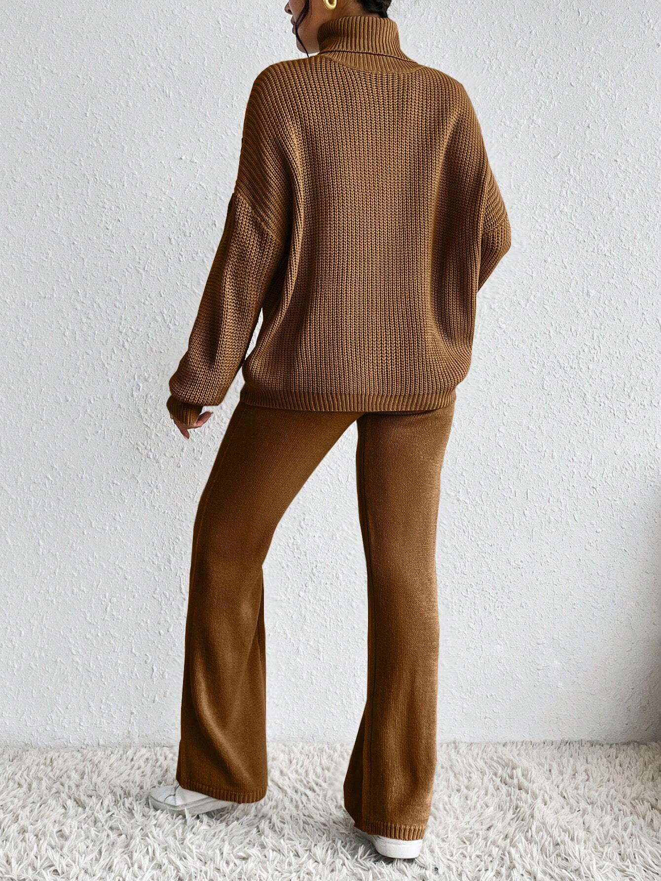 Essnce Turtleneck Drop Shoulder Sweater & Knit Pants Shein