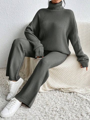 Essnce Turtleneck Drop Shoulder Sweater & Knit Pants Shein