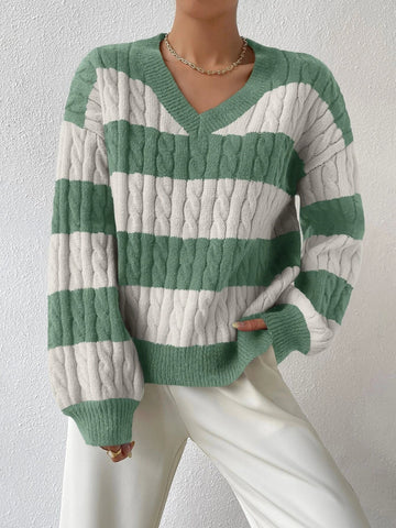 Essnce Two Tone Cable Knit Drop Shoulder Sweater Shein