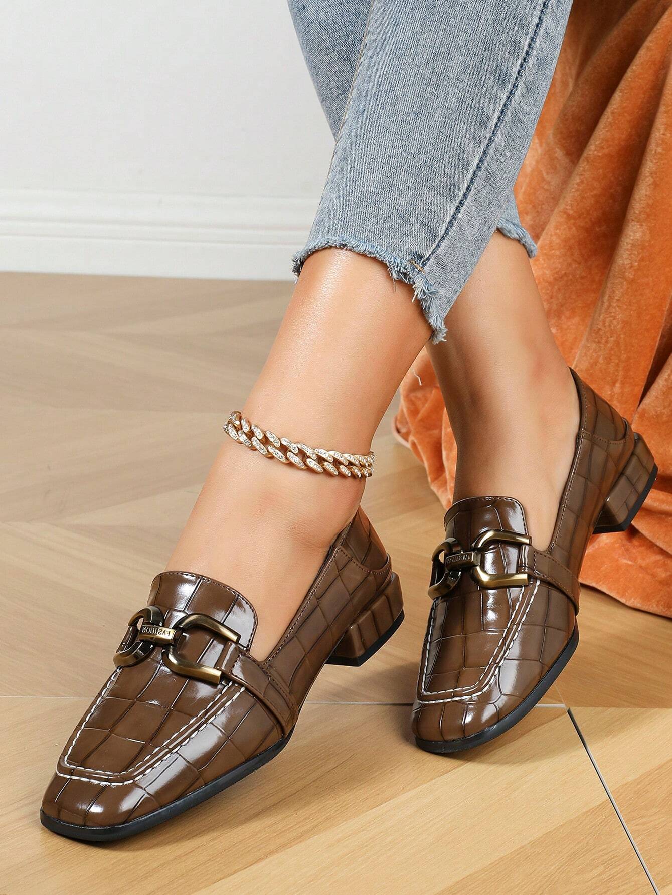 Fashionable Square Toe Buckle Loafers For Women Shein