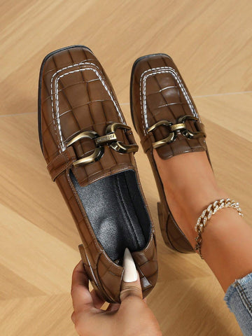 Fashionable Square Toe Buckle Loafers For Women Shein