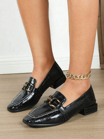 Fashionable Square Toe Buckle Loafers For Women Shein